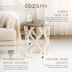 COZAYH Set of 2 Farmhouse End Table, Distressed Tray Top Side Table with Curved Motif Frame Base for Boho, Rustic, French Country, Small Space, Round, White (2 Pack)