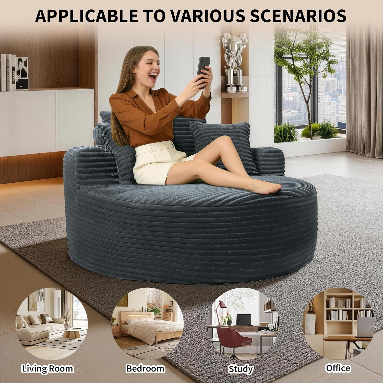 Garvee 55'' Oversized Round Chaise Lounge Chair Indoor, Upholstered Corduroy Cloud Circle Chair with 3 Pillows, Deep Seat Circle Single Cloud Lounge for Living Room, Grey
