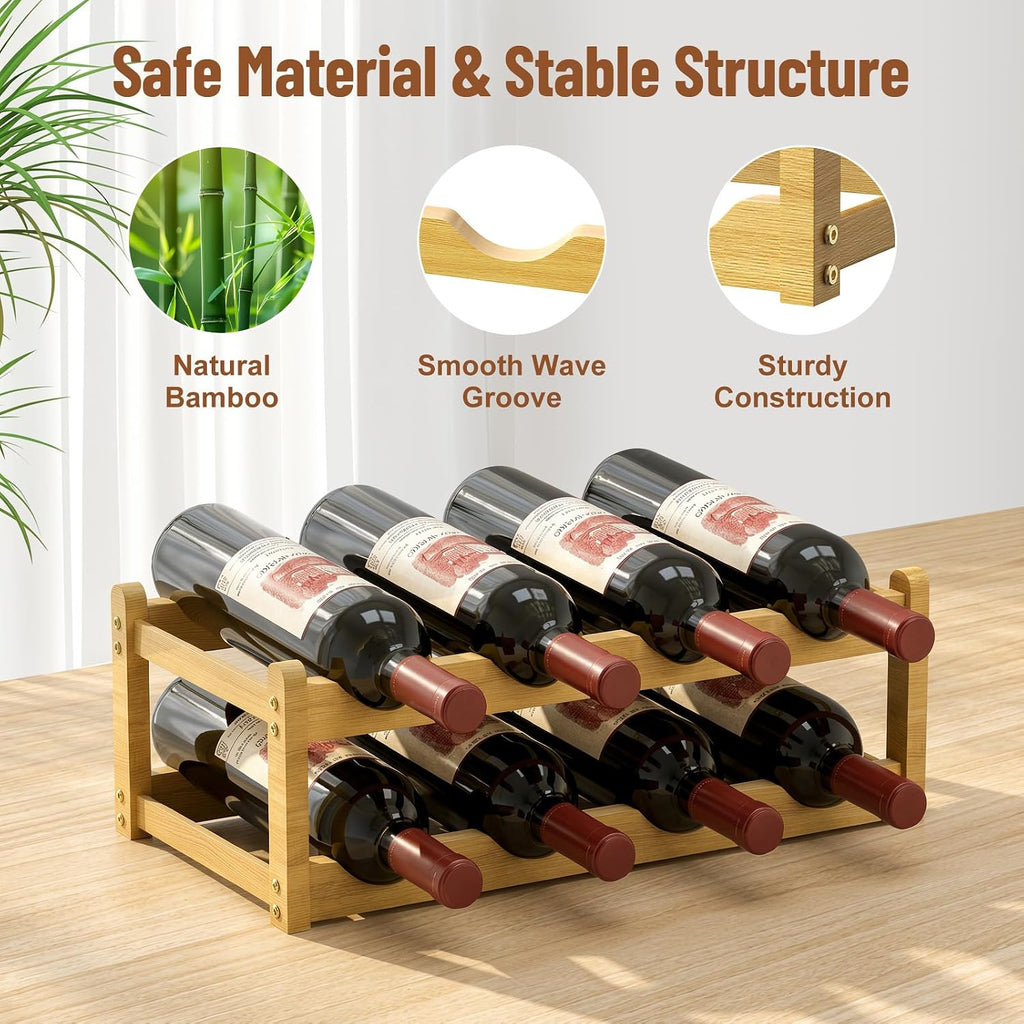 Nuovoware Bamboo Wine Rack, 2-Tier 8 Bottles Stackable Wine Rack with Wavy Groove, Sturdy Freestanding Countertop Shelf for Kitchen Pantry Dining Room Basement Bar Cellar, Wood Color