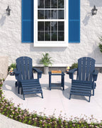 Garvee Folding Adirondack Chair with Ottoman, HDPE Outdoor Patio Chair with Cup Holder, All Weather Resistent Wooden Textured for patios, Decks, Gardens, fire Pit, Navy Blue