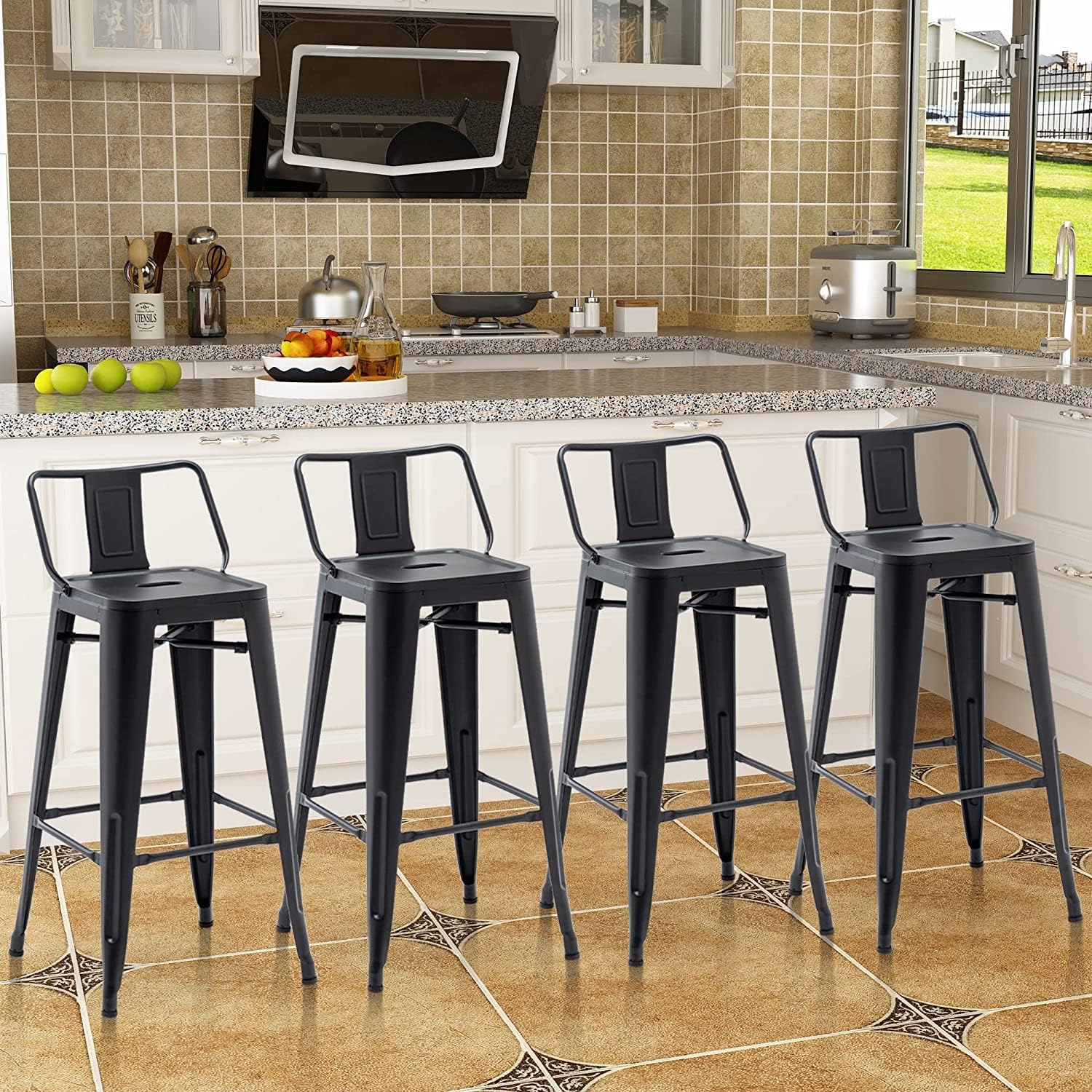 Aklaus 26" Metal Bar Stools with Backs Heavy Duty Bar Stools Counter Bar Height Stools Bar Chair Set of 4,26 Inches Outdoor Tall barStools for Kitchen Counter Matte Black