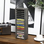 MyGift 16 Slot Cassette Tapes Tower, Vintage Gray Solid Wood Freestanding Audio Compact Cassettes Slotted Storage Rack, Analog Audiotapes Holder Stand, Fits Standard Cases Up to 0.7" Thick