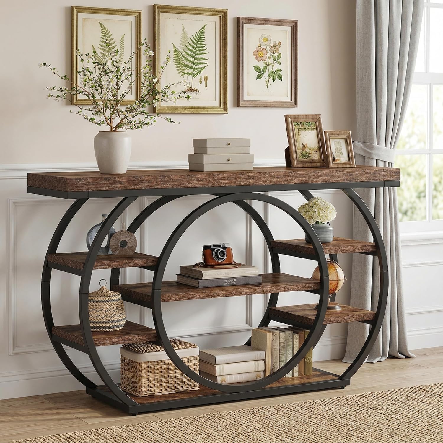 Tribesigns 47” Console Table, Industrial 5-Tier Entryway Table with Metal Frame, Narrow Console Sofa Table for Living Room, Hallway, Rustic Brown