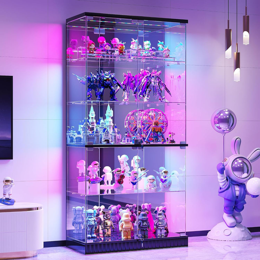 67" Glass Display Cabinet with RGB Lights for Collectibles, Dual Lockable 5-Tier Curio Cabinet with Glass Doors, Lighted Display Case with Motion Sensor for Action Figures/Models/Trophy, Black