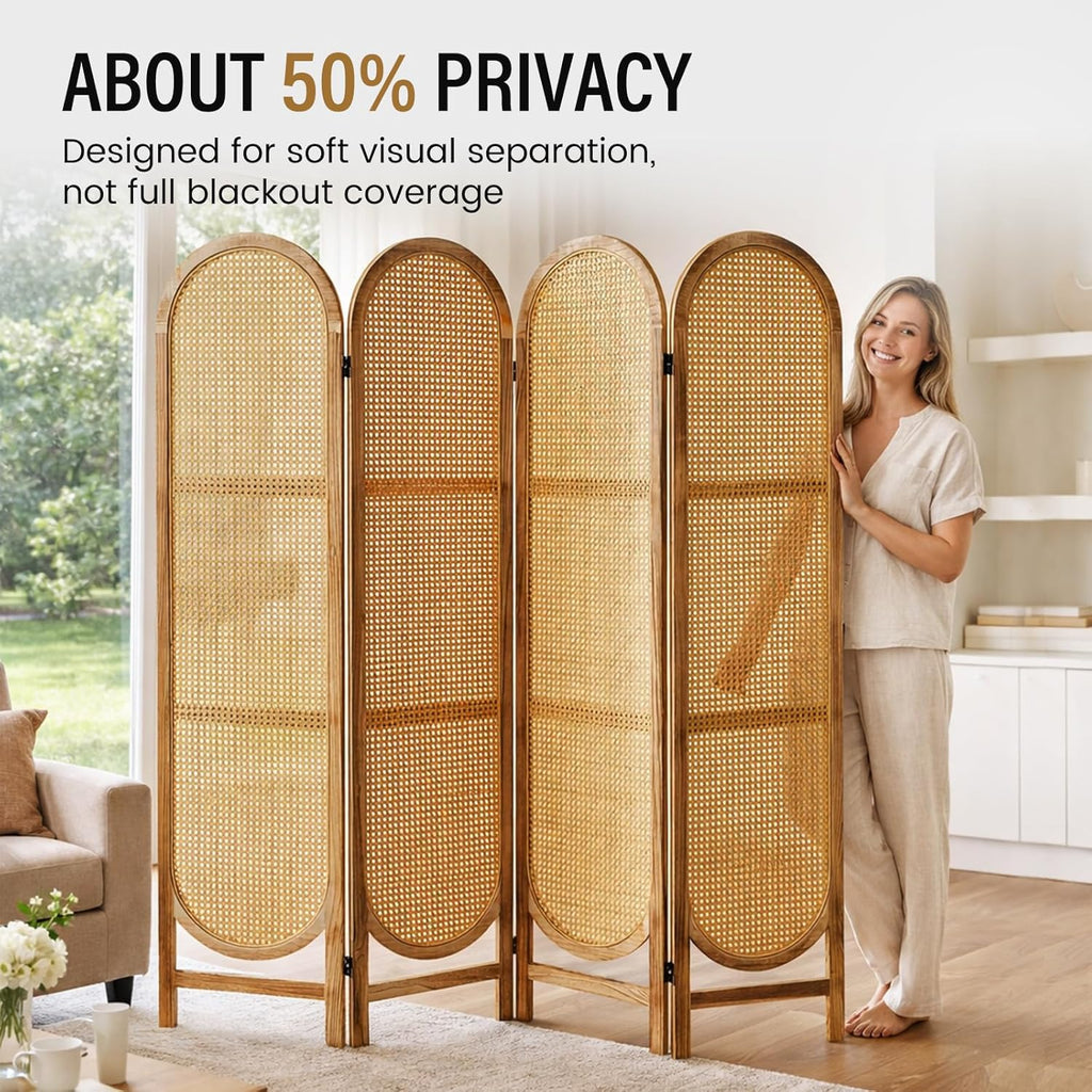 Arched Rattan Room Divider 5.6 Ft Folding Privacy Screen, 4 Panel Freestanding Room Partition with Double Hinges, Lightweight Paulownia Wood Divider for Bedroom, Restaurant, Office, Natural