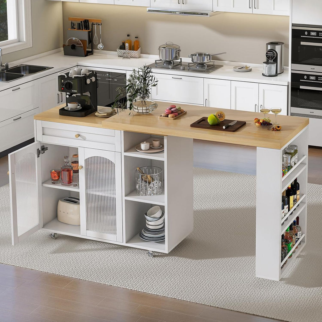 LYNCOHOME 71.1" Rolling Kitchen Island with 360° Rotating Tabletop, Mobile Lockable Wheels & Adjustable Shelves, Multifunctional Storage Cart for Kitchen & Dining（White）