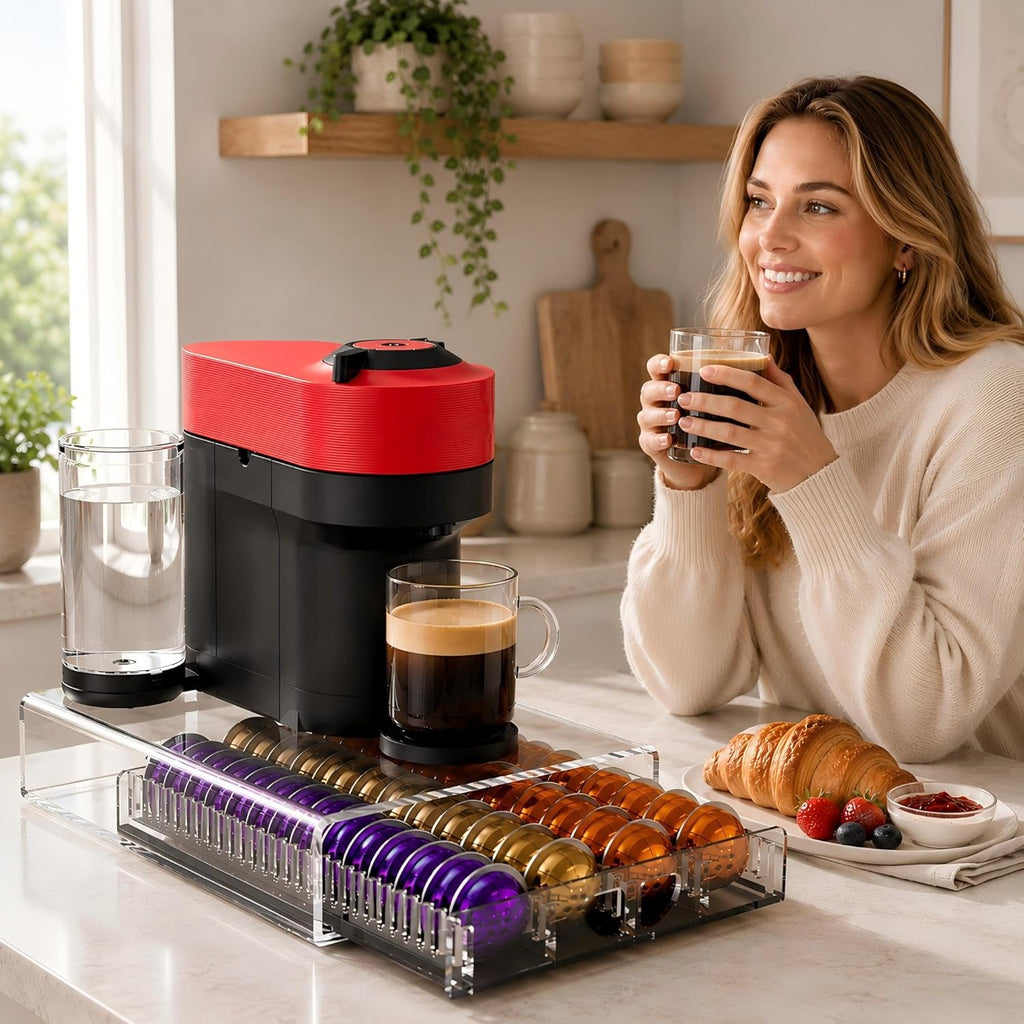 Coffee Pod Drawer Organizer for Nespresso Vertuo Pods,Acrylic Coffee Pod Holder Holds 40 Large or 60 Small Capsules or 28 K-Cups,Pull-Out Drawer with Anti-Slip Base for Home & Office,Matte Black