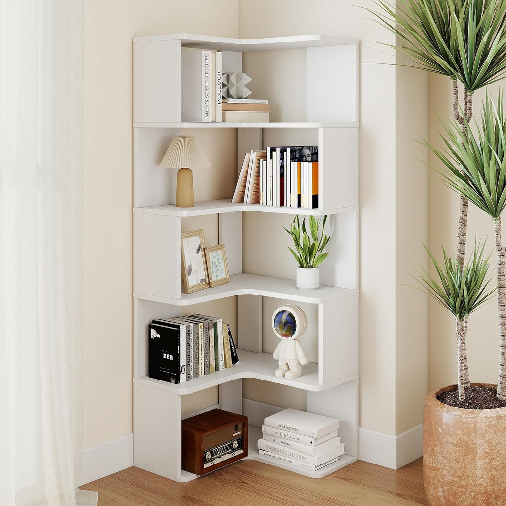 6-Tier Corner Bookshelf, 66" Tall L-Shaped Corner Shelf with Anti-Fall Baffles for Living Room Decor, Heavy Duty Wooden Bookcase Display Rack for Home Office Storage,White