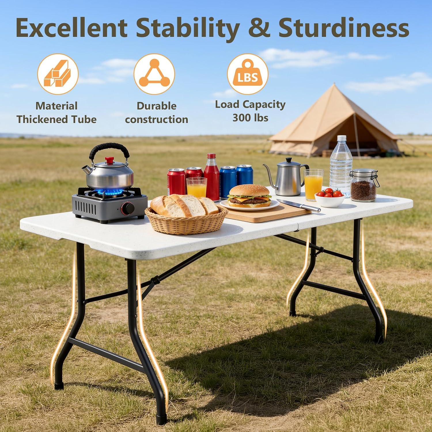 6FT Folding Table 2 Pack, Heavy Duty Fold in Half Plastic Tables with Carry Handle, Portable Indoor Outdoor Utility Table for Party, Picnic, Camping, Banquet, Wedding, RV Travel