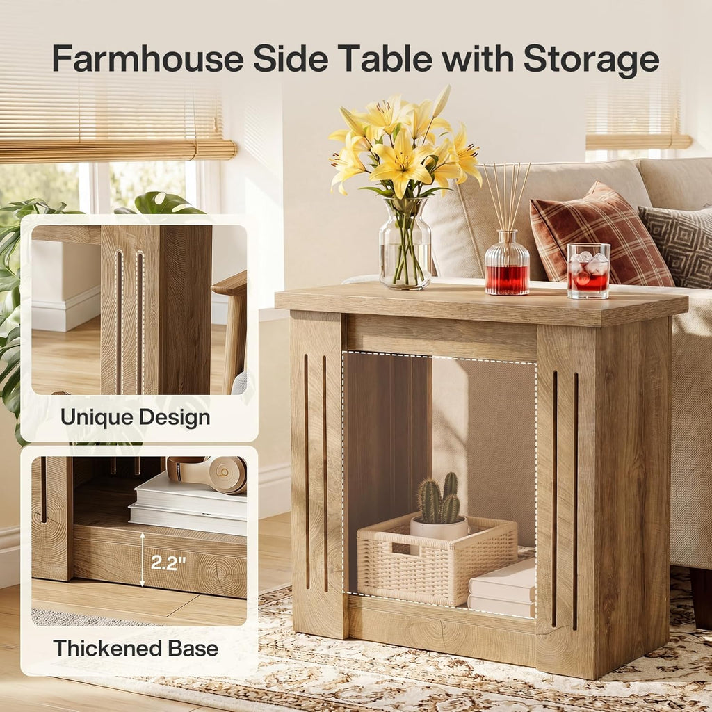 Tribesigns End Table, 2-Tier Farmhouse Skinny Side Table with Storage, Wooden Nightstand End Tables for Living Room, Bedroom, Office, Small Spaces, Brown