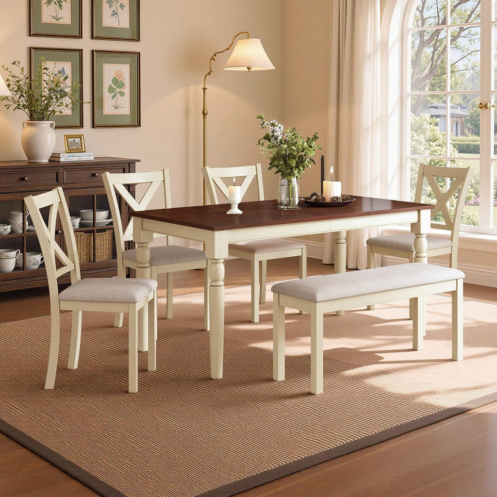 LUXOAK 60" Solid Wood Dining Table Set for 6, Farmhouse Kitchen Table with 4 Upholstered Chairs & Bench, 6-Piece Dining Room & Living Room Furniture, Cream White
