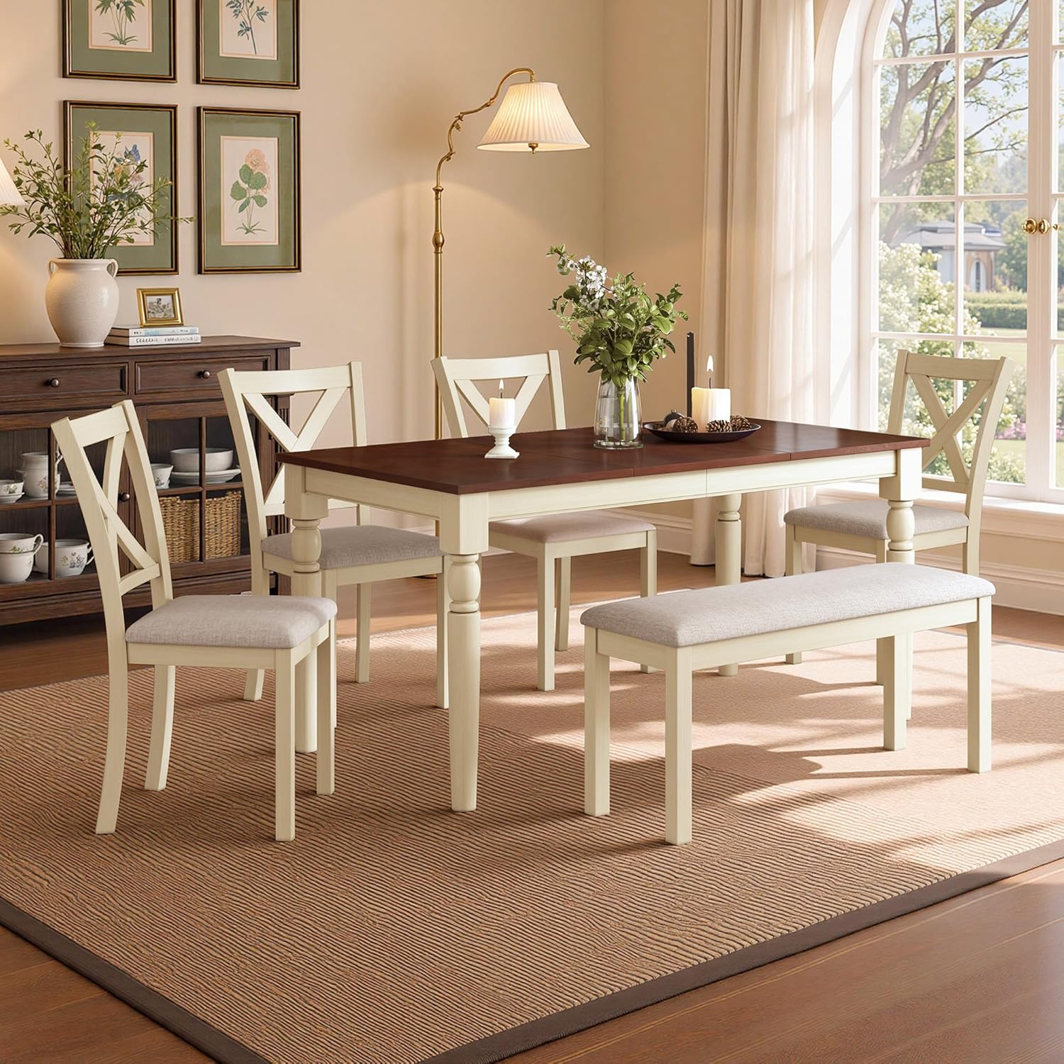 LUXOAK 60" Solid Wood Dining Table Set for 6, Farmhouse Kitchen Table with 4 Upholstered Chairs & Bench, 6-Piece Dining Room & Living Room Furniture, Cream White