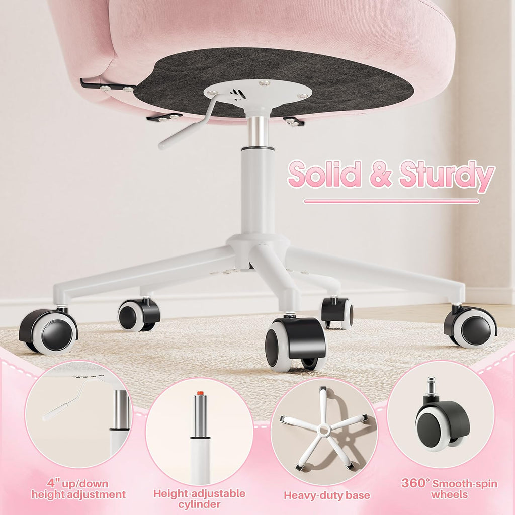 Homkdom Office Vanity Chair with Wheels, Comfy Desk Chair with Back, Armless Home Office Desk Chair Hight Adjustable & 360° Swivel, Makeup Task Chair for Bedroom, Study Room, Blush Pink