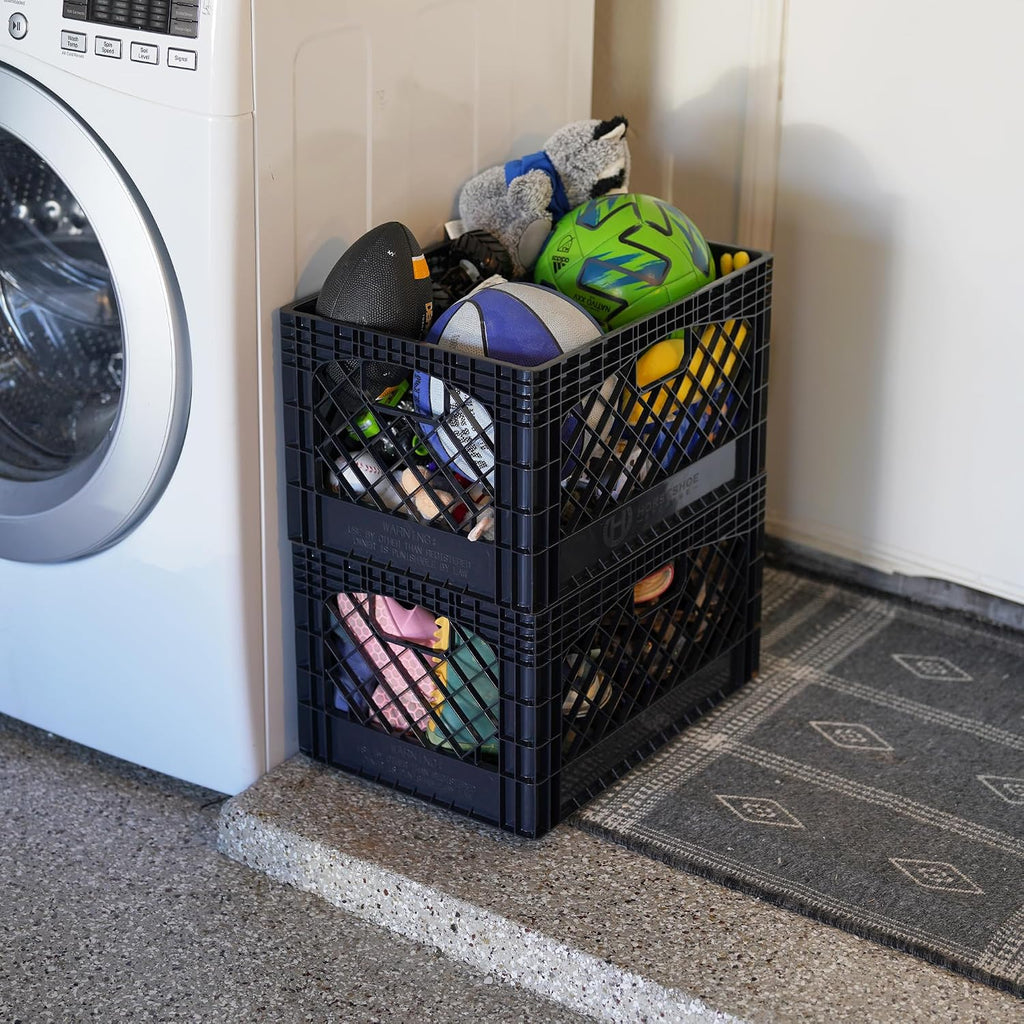 Stackable Milk Crates, 3 Pack, Kitchen Work Commercial Garage Totes, 24 Quart, Heavy Duty Plastic, Black, 19" L x 13" W 11" H