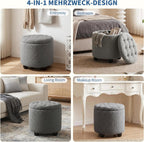 Furniliving Modern Round Storage Ottoman, Upholstered Button Tufted Ottoman Footstool Ottomans with Removable Lid Storage Footstool for Living Room, Bedroom, Makeup Room, Teddy, Grey