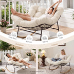 ONBRILL Outdoor Papasan Rocking Chair, Oversized Rocking Chair with Thick Cushion, 450 Lbs Heavy Duty Patio Rocking Egg Chair, Natural Wood Color Metal Rocker Chair for Balcony Porch, Cream White