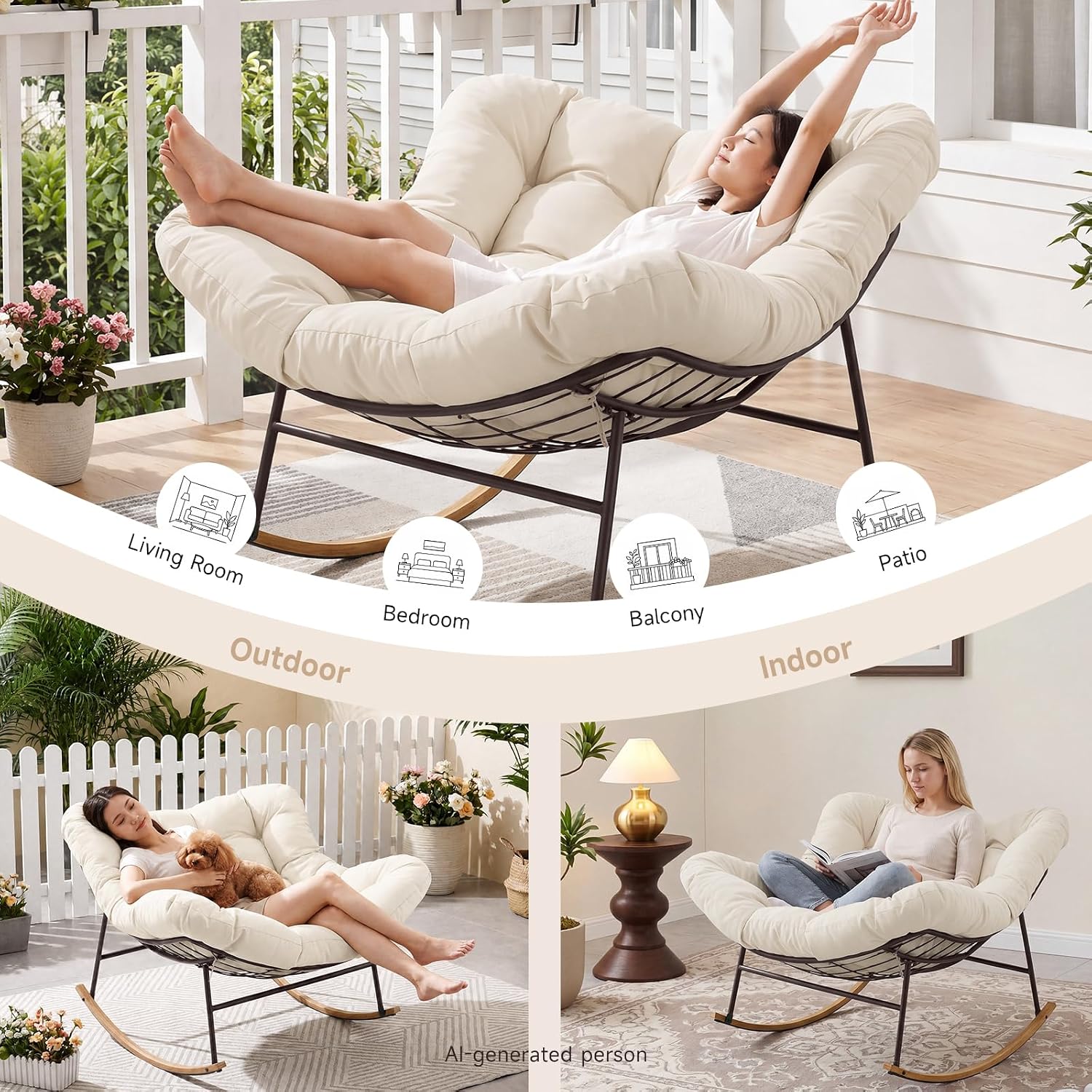 ONBRILL Outdoor Papasan Rocking Chair, Oversized Rocking Chair with Thick Cushion, 450 Lbs Heavy Duty Patio Rocking Egg Chair, Natural Wood Color Metal Rocker Chair for Balcony Porch, Cream White