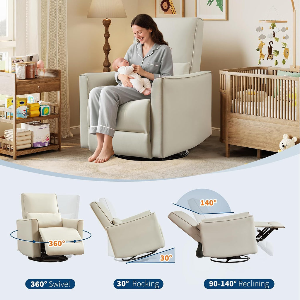 IDEALHOUSE Swivel Rocking Nursery Recliner Chair Rocker Recliner Glider Deep Seat PU Leather Sofa Chair with high Backrest for Nursery, Living Room, Bedroom & Home Movie Theater (White)