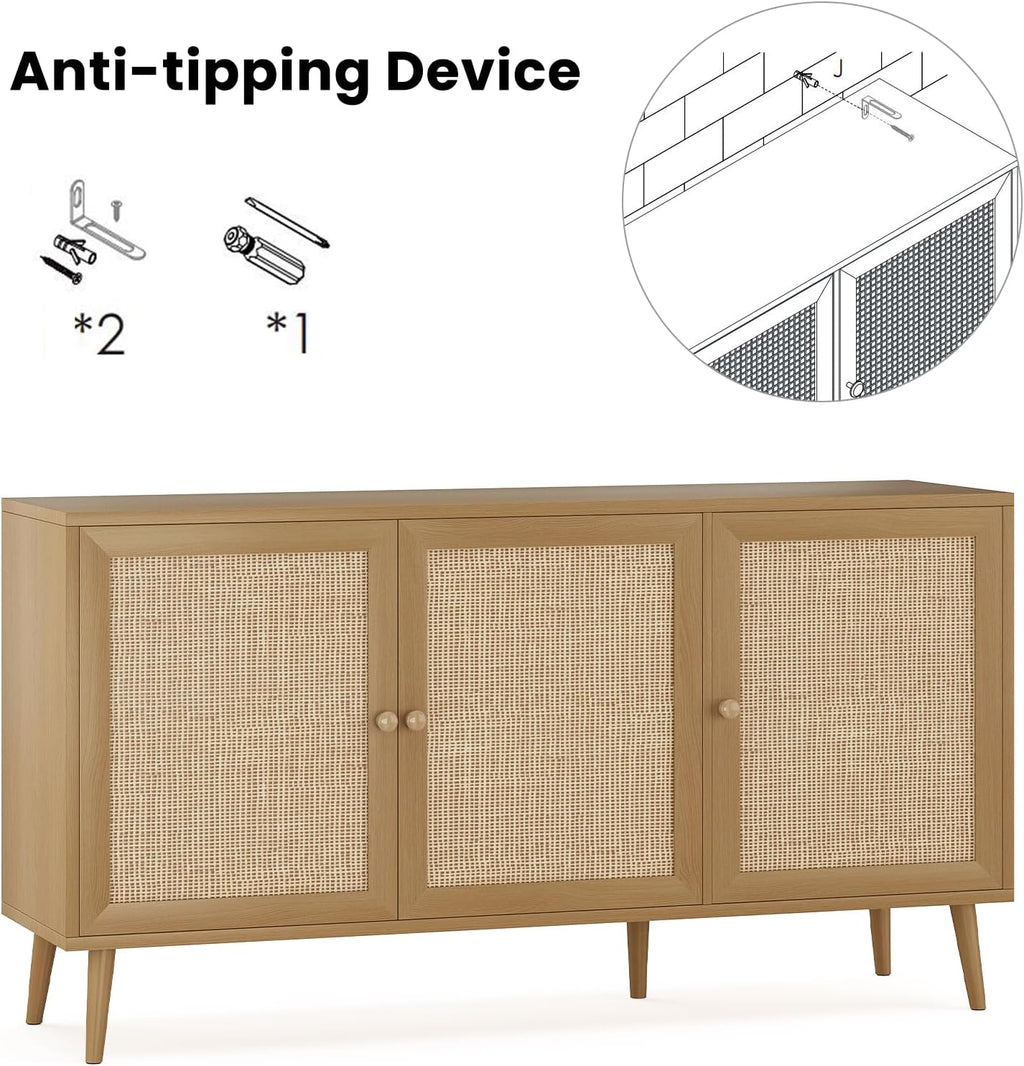 Farini 59.1" Buffet Cabinet with 3 Rattan Doors,Kitchen Sideboard for Dining Room, Hallway & Living Room, Coffee Bar Storage Console Table,Natural