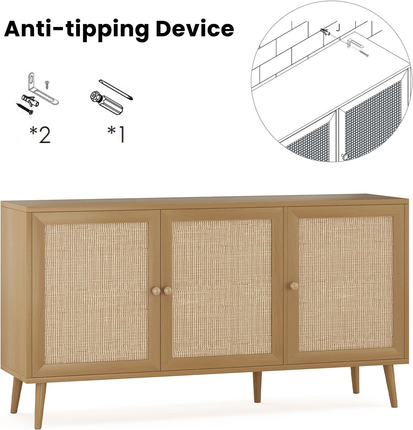 Farini 59.1" Buffet Cabinet with 3 Rattan Doors,Kitchen Sideboard for Dining Room, Hallway & Living Room, Coffee Bar Storage Console Table,Natural