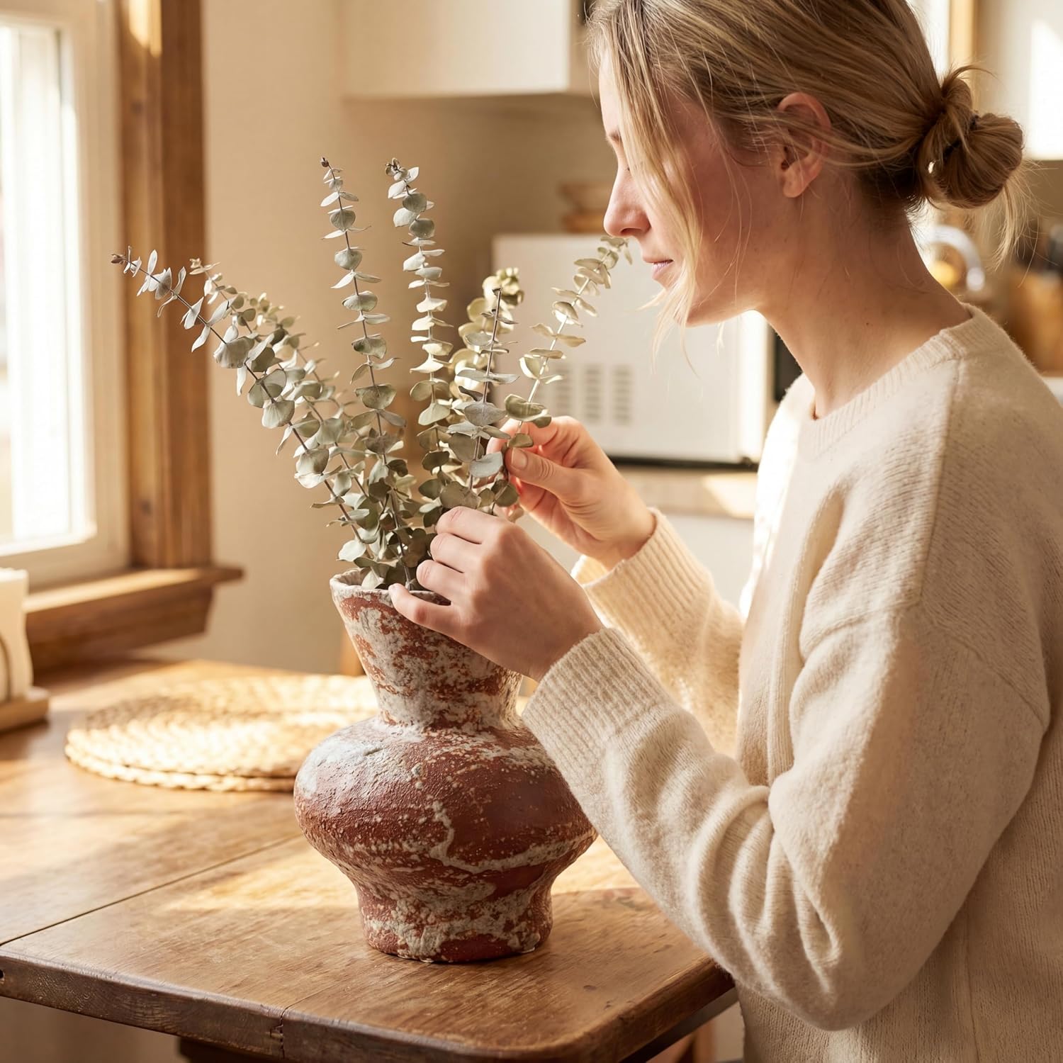 Rustic Ceramic Flower Vase for Home Decor, Handmade Vintage Stoneware Clay Pottery Terracotta Textured for Modern Farmhouse, Living Room, Office Desk Table Shelf (Dark Brown and White) 5.5IN