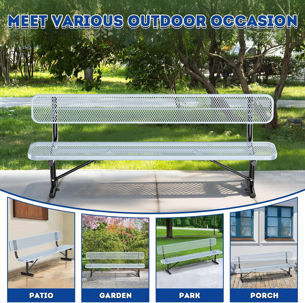 Heavy-Duty Park Bench for Outside - Black Coated Outdoor Furniture Steel Bench, Commercial-Grade Outdoor Benches Weatherproof for Park, Patio, Porch (Portable with Back, 4/6/8 Ft) (Grey, 8FT)