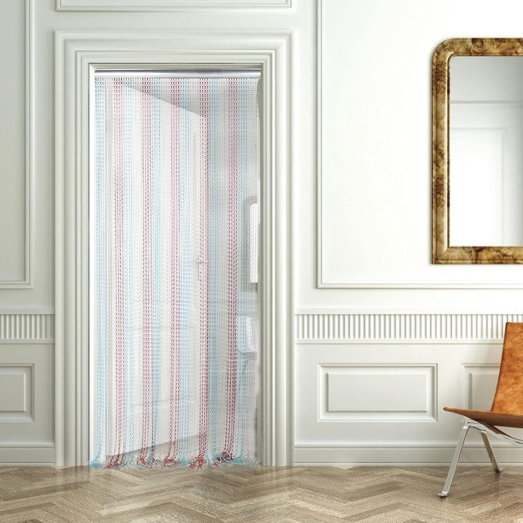 Dense Aluminum Chain Hanging Door Curtain, Ventilated Proof Room Divider in Red Blue Silver for Kitchen