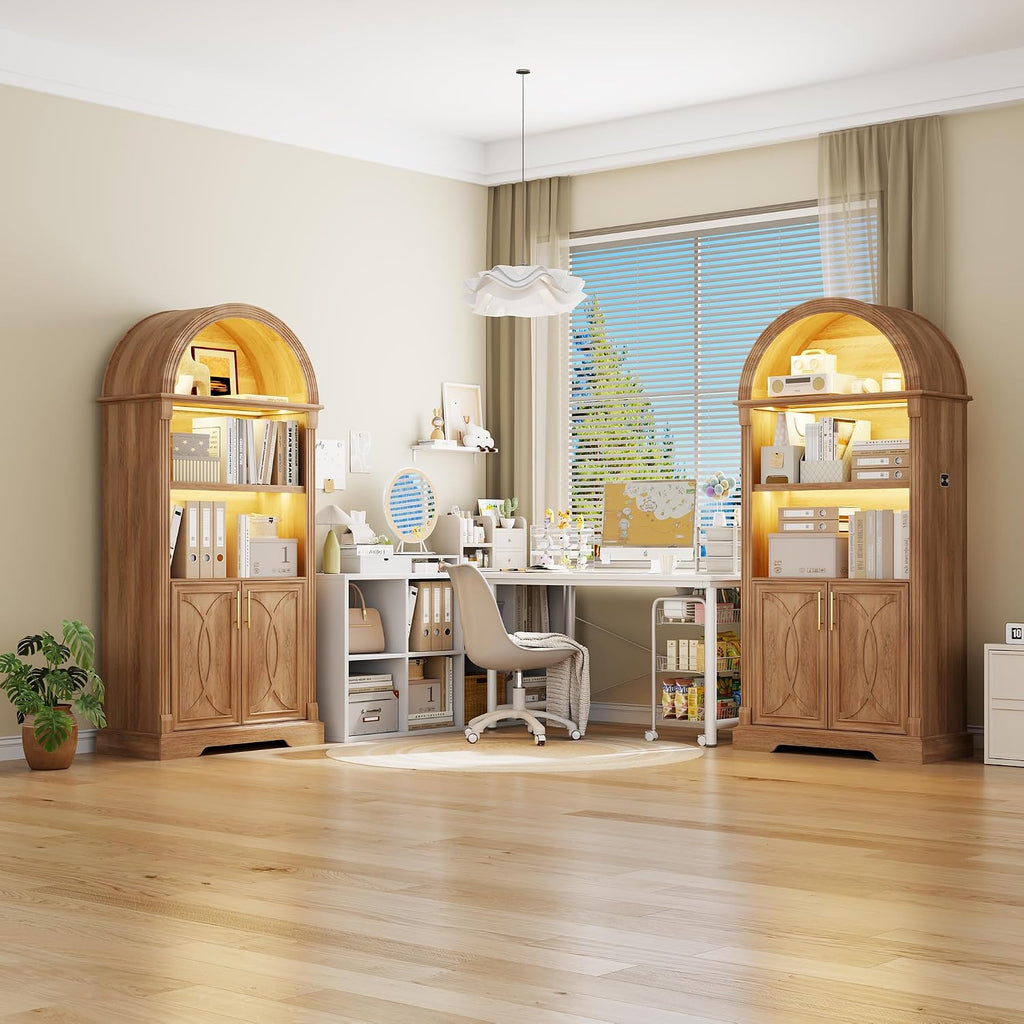 Vlsrka 71" Tall Arched Kitchen Pantry Cabinets, Wood Kitchen Storage Cabinets/Arched Bookshelf/Bookcase,China Cabinet with Open & Adjustable Shelves, Induction LED Light (Brown)