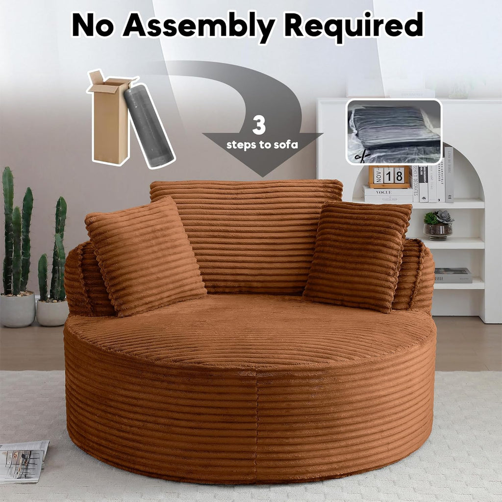 Oversized Round Chair Lounge Chaise Indoor, 53.5" Upholstered Corduroy Deep Seat Single Cloud Sofa Chair, Fluffy Modern Large Circle Boneless Sleeper Sofa for Living Room, Bedroom, Orange