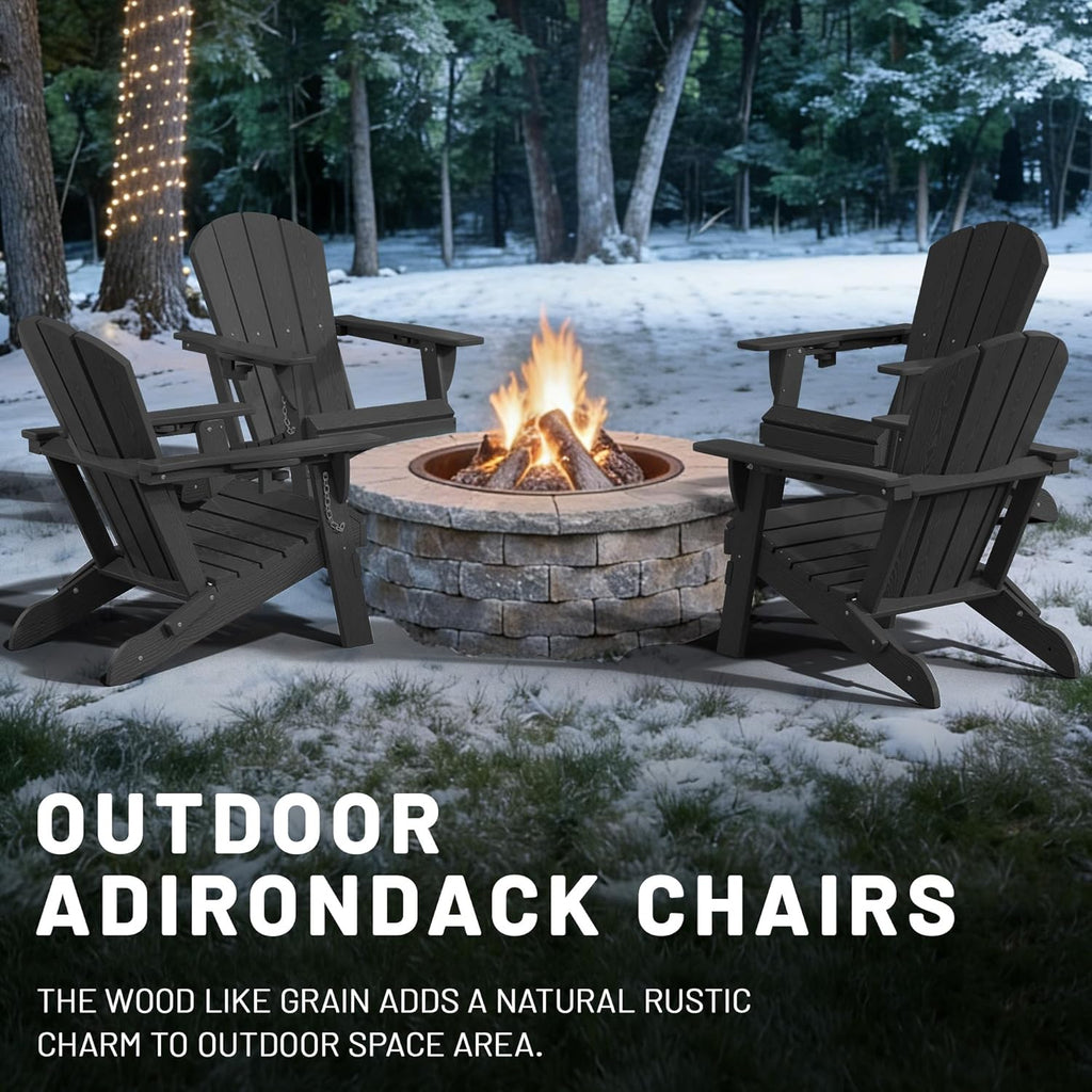 PLUUV Folding Adirondack Chair Set of 2, Easy Storage Space Saving, 380 LBS Capacity Weather Resistant HDPE with Two-Cup Holder for Outdoor Patio Fire Pit Gathering, Black