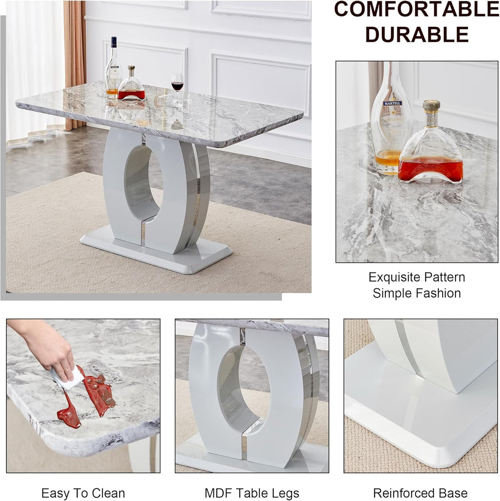 7 Piece Marble Dining Table Set for 6,Counter Height Dining Table Set,63" Dining Room Table with 6 Light Grey Leather Barstools,Bar Height Table and Chairs Ideal for Pub Kitchen