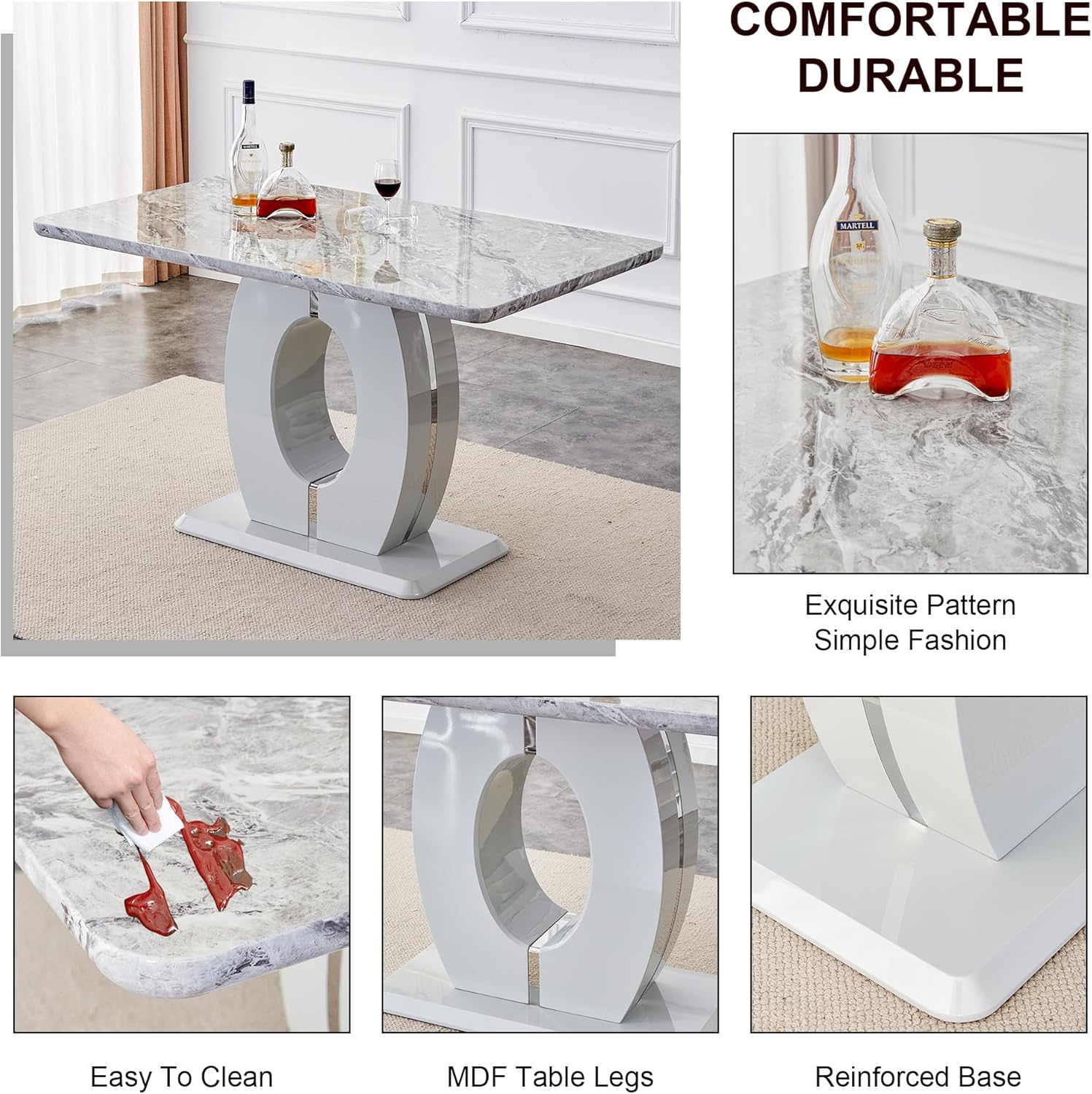 7 Piece Marble Dining Table Set for 6,Counter Height Dining Table Set,63" Dining Room Table with 6 Light Grey Leather Barstools,Bar Height Table and Chairs Ideal for Pub Kitchen