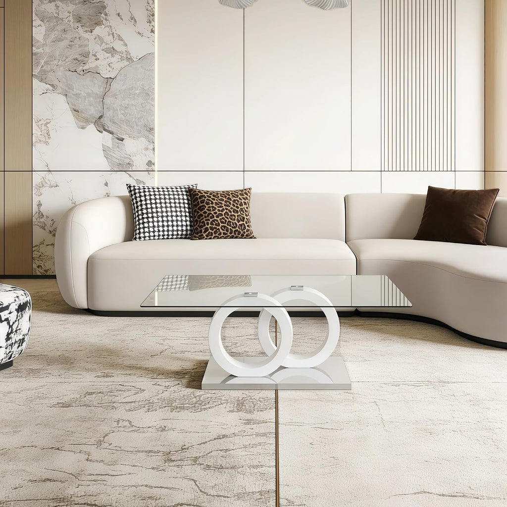 Glass Coffee Table for Living Room, White Modern Rectangular Center Table, 47” Living Room Table with Clear Tempered Glass Top with MDF OO Legs and Silver Metal Base (White, 47.2 inches)