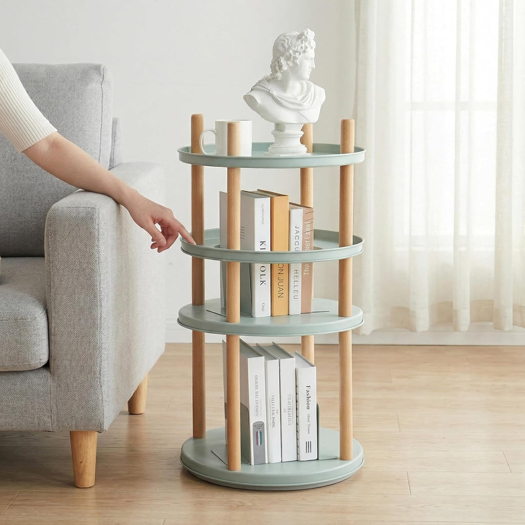 3-Tier Rotating Side Table, Round End Table with Storage Basket & Bookends, Modern Narrow Nightstand for Small Spaces, Living Room, Bedroom, Mint Green & Natural Wood