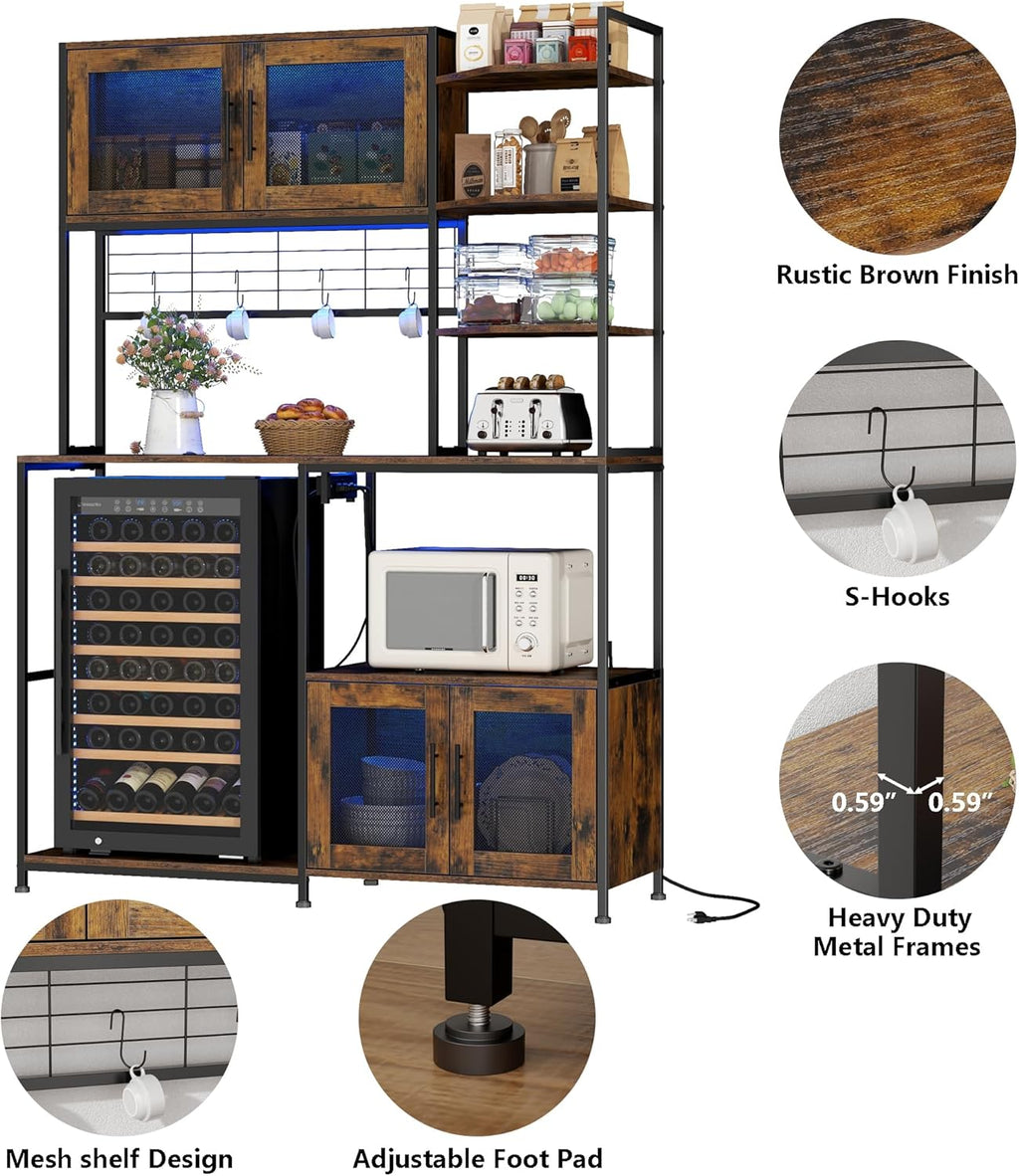 Loomie Bakers Rack with Power Outlet and LED Light, 71" Tall Kitchen Microwave Stand with Fridge Space, Farmhouse Coffee Bar Cabinet with Mesh Doors, Kitchen Shelves with Hooks (Rustic Brown)