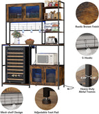Loomie Bakers Rack with Power Outlet and LED Light, 71" Tall Kitchen Microwave Stand with Fridge Space, Farmhouse Coffee Bar Cabinet with Mesh Doors, Kitchen Shelves with Hooks (Rustic Brown)