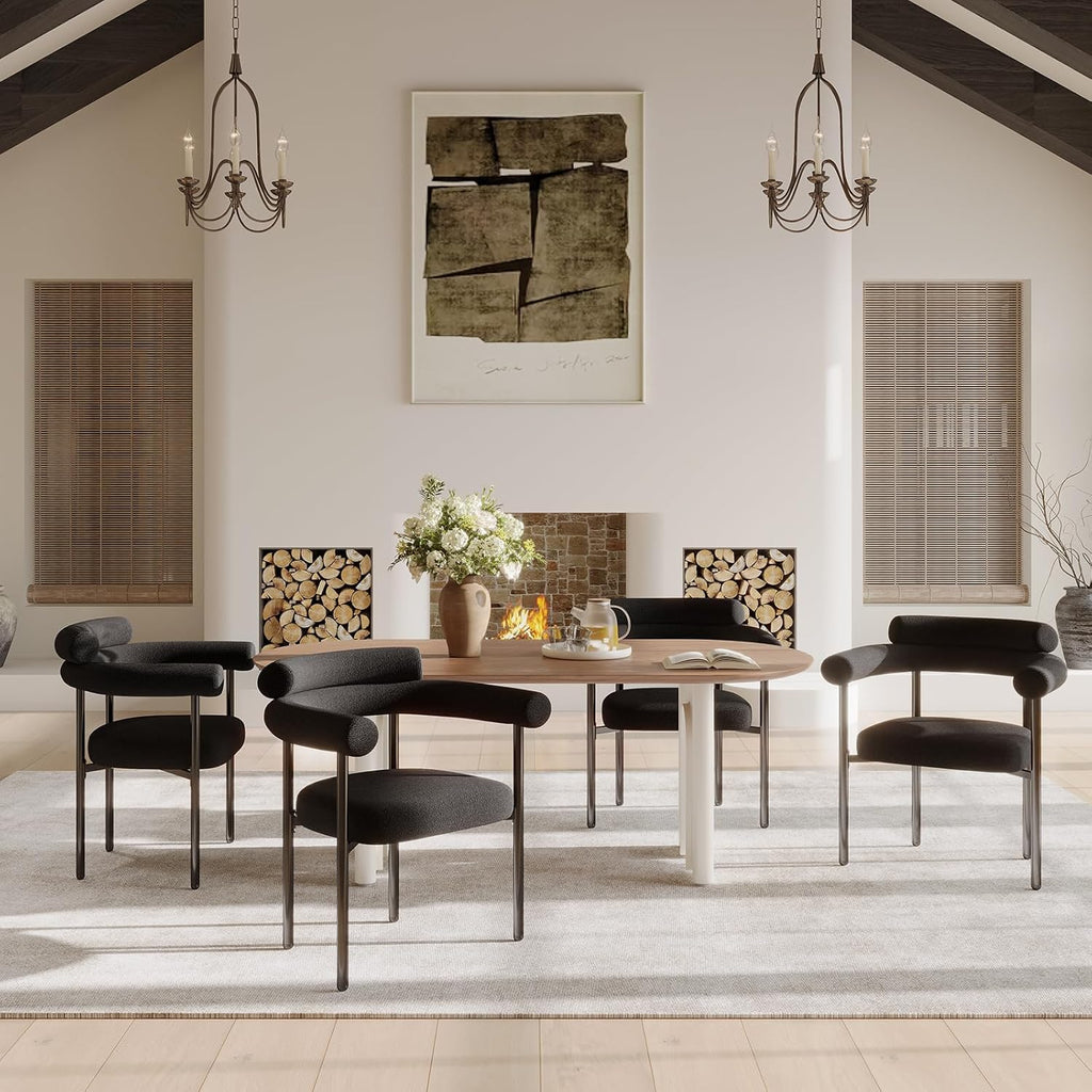STHOUYN Modern Black Dining Chairs Set of 4 for Kitchen & Dining Room, Boucle Dining Chair with Arms, Barrel Dinner Chairs with Metal Legs & Curved Backres (4PCS, Black)