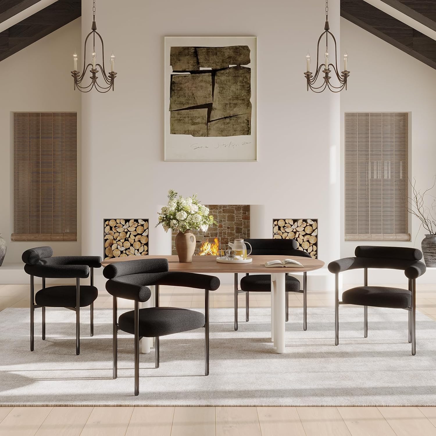 STHOUYN Modern Black Dining Chairs Set of 4 for Kitchen & Dining Room, Boucle Dining Chair with Arms, Barrel Dinner Chairs with Metal Legs & Curved Backres (4PCS, Black)