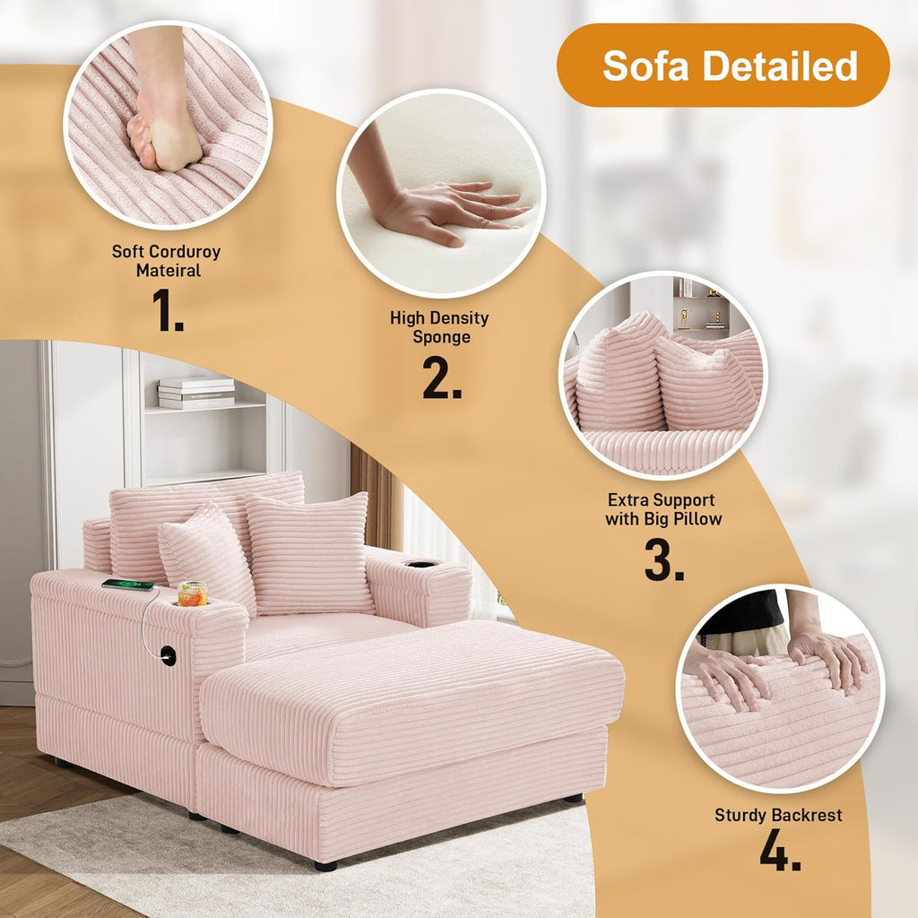 Oversized Chaise Lounge Chair Indoor with Adjustable Backrest, USB, Cup Holder & Ottoman, Firm Solid Wood Frame with Long Service Life Plush Corduroy Oversized Reading Chair for Study Room - Pink