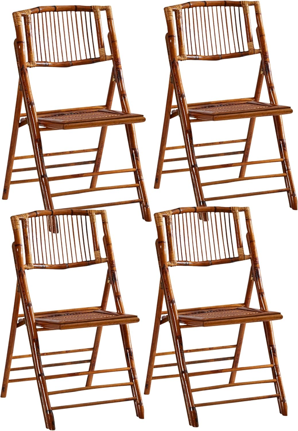 4 Pack Bamboo Folding Chair, Completely Upgraded Foldable Vintage Dining Chair with 330lb Handcrafted for Living Room Patio Garden Balcony Indoor/Outdoor (, Antique Brown)