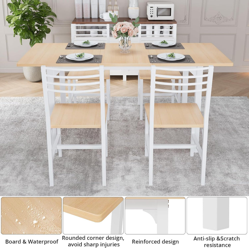VOWNER 63” Extendable Dining Table Set for 4-6 People, 5-Piece Dining Table Set for 4 People with 4 Chairs, Kitchen Table Set with MDF Board and Metal Frame, for Small Space, Apartment, Nature Wood