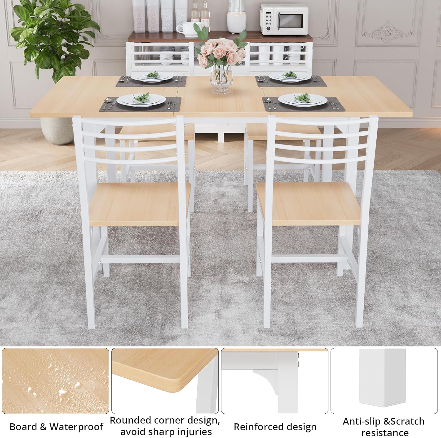 VOWNER 63” Extendable Dining Table Set for 4-6 People, 5-Piece Dining Table Set for 4 People with 4 Chairs, Kitchen Table Set with MDF Board and Metal Frame, for Small Space, Apartment, Nature Wood