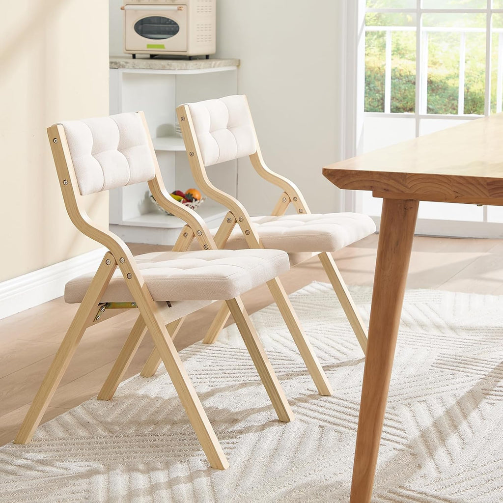Folding Dining Chairs with Cushion Set of 2,Padded Foldable Dining Chairs,Portable Wooden Folding Chairs for Dining Rooms Kitchen Wedding and Party Indoor Beige