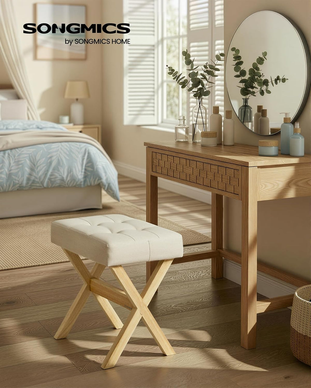 SONGMICS Makeup Stool, Padded Vanity Stool, Foot Rest, Solid Wood X Legs, for Bedroom, Closet, Entryway, 12.6 x 16.5 x 18.1 Inches, Summer Sand and Natural Beige ULSF006LF02