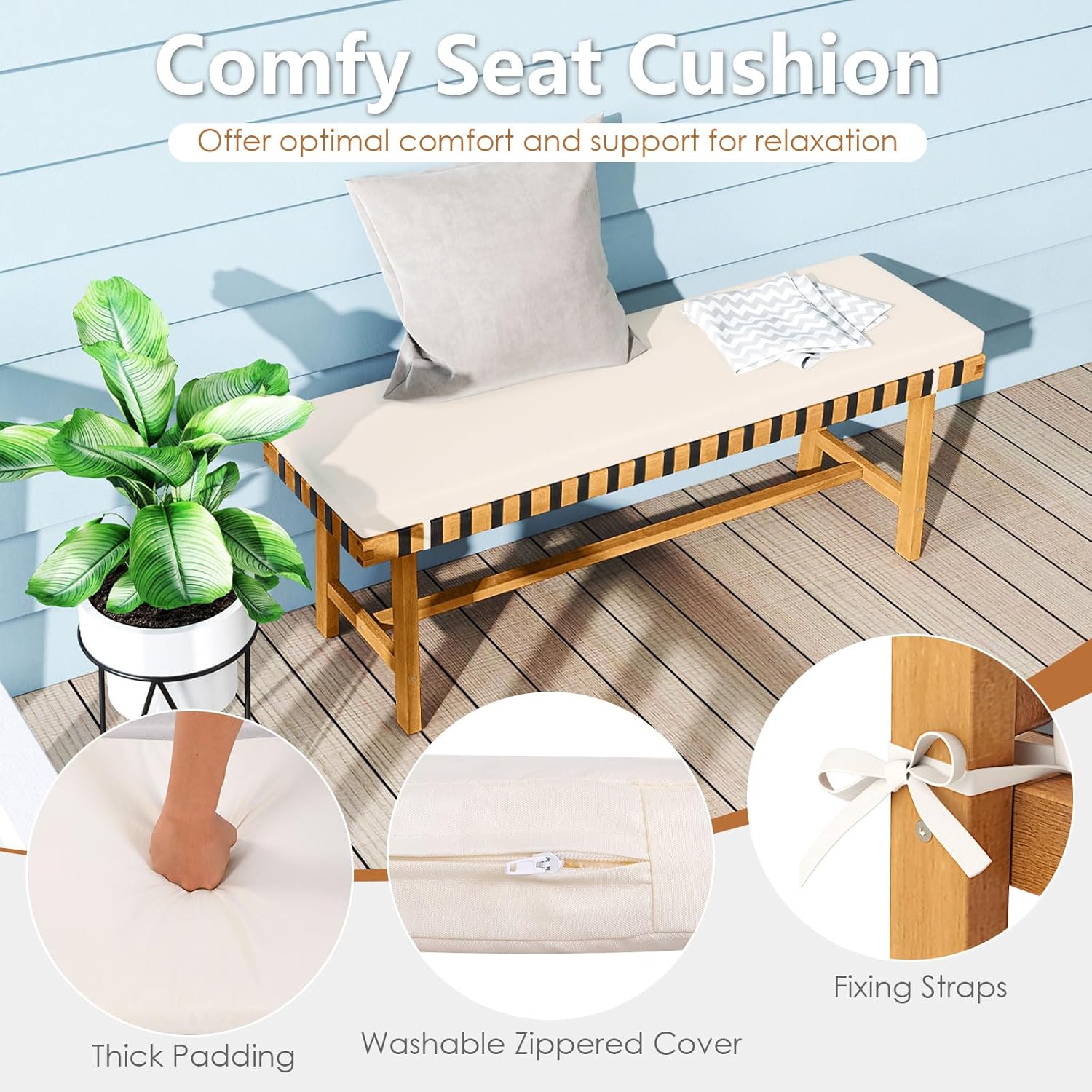 Tangkula Acacia Wood Outdoor Bench with Padded Cushion, 48" Long Dining Bench with Washable Zippered Cover, Backless Wooden Entryway Bench, Garden Poolside Porch Balcony Deck Indoor Furniture (1)