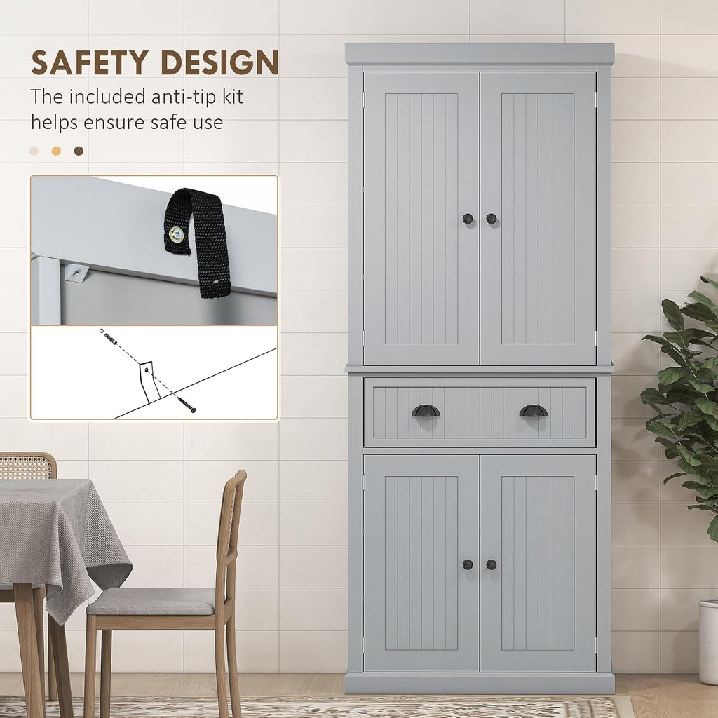 HOMCOM 72" Traditional Kitchen Pantry Cabinet, Freestanding Tall Storage Cabinet with 4 Doors, Drawer and 3 Adjustable Shelves for Dining Room, Gray