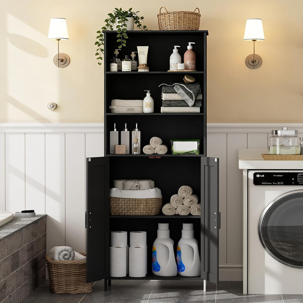 Homhedy 67" Tall Bathroom Storage Cabinet, Freestanding Farmhouse Cabinet with 2 Doors and Adjustable Shelf, Bathroom Organizers and Storage for Kitchen, Living Room, Laundry Room, Black