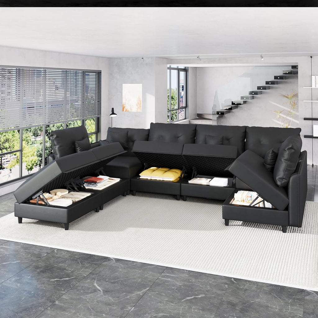 LLappuil Faux Leather Sectional 7-Seater Modular Sofa with Storage, Wide Deep Seat U Shaped Couch for Living Room, Office, Apartment, Rearranged, Waterproof & Easy Clean, Black