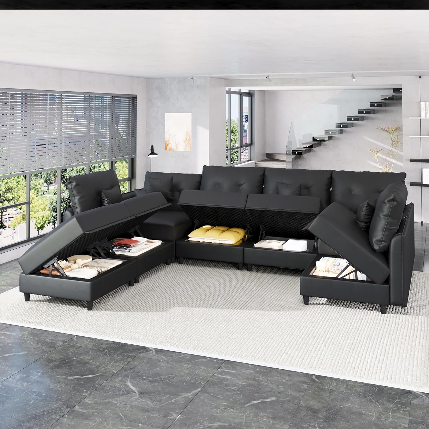 LLappuil Faux Leather Sectional 7-Seater Modular Sofa with Storage, Wide Deep Seat U Shaped Couch for Living Room, Office, Apartment, Rearranged, Waterproof & Easy Clean, Black
