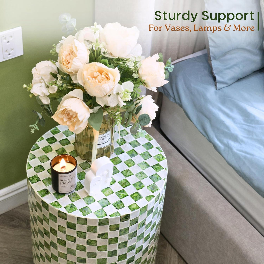 Chi An Home 19.3” Checkered Capiz Shells Drum End Table, Decorative Cylinder Side Table & Garden Stool, Round Pedestal Accent Table for Living Room, Bedroom, Indoor & Outdoor (Pistachio Green)